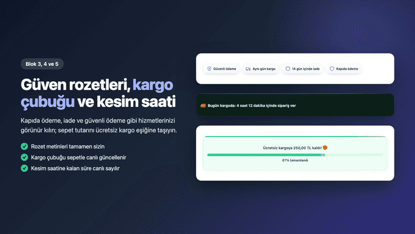 Güven rozetleri, kargo kesim saati ve ücretsiz kargo çubuğu