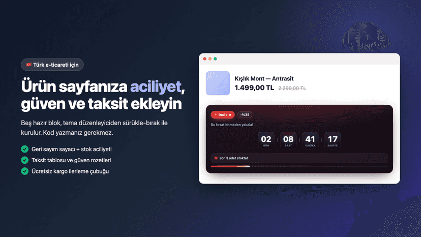 Ürün sayfasında geri sayım, stok uyarısı ve taksit