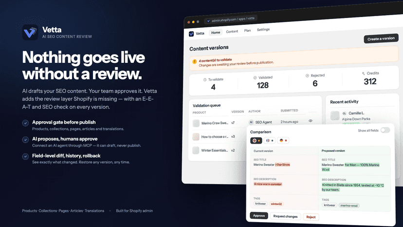 Vetta ai seo content review shopify app homepage