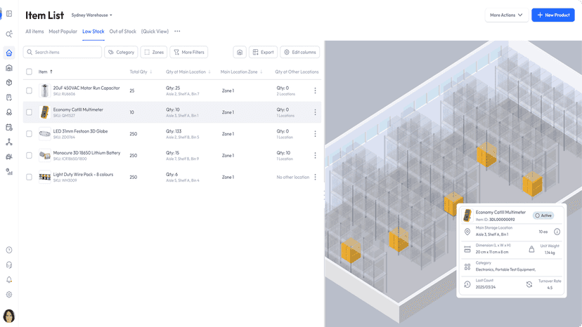 A 3d warehouse showing low stock items