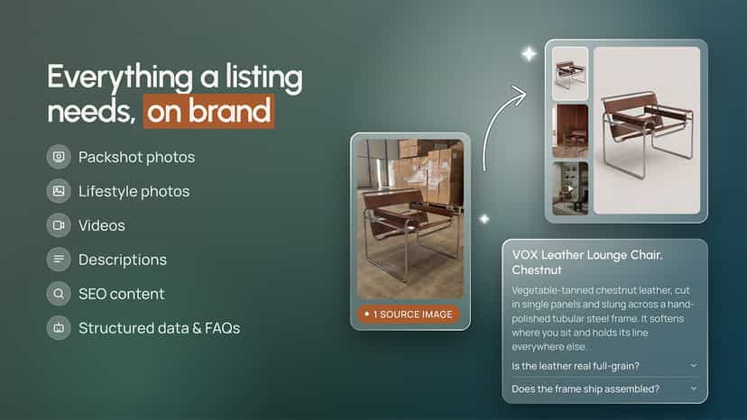 AI product photos, descriptions and SEO from one source photo