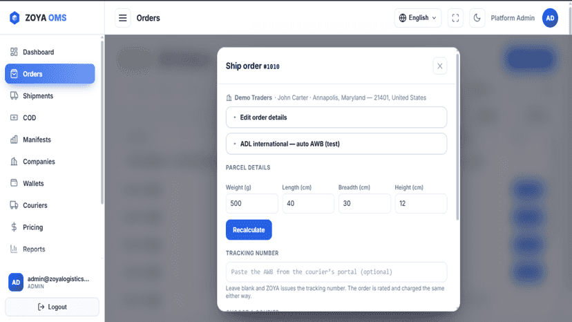 Ship an order by entering parcel details and booking a courier.
