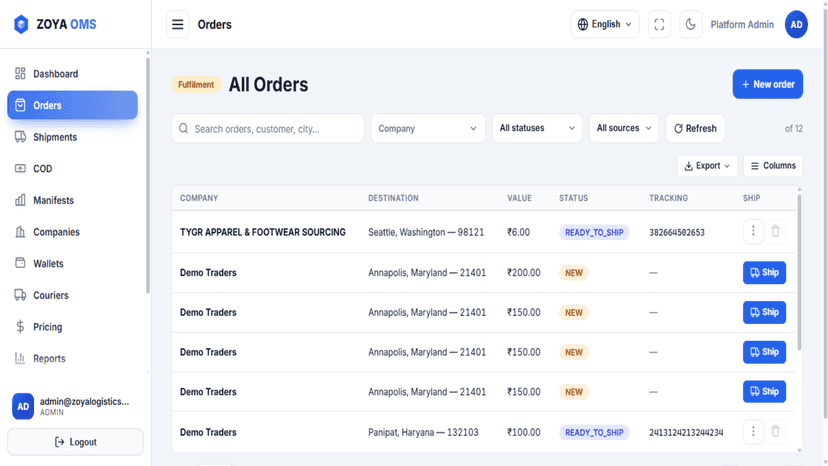 Orders dashboard showing synced orders, status, and tracking.