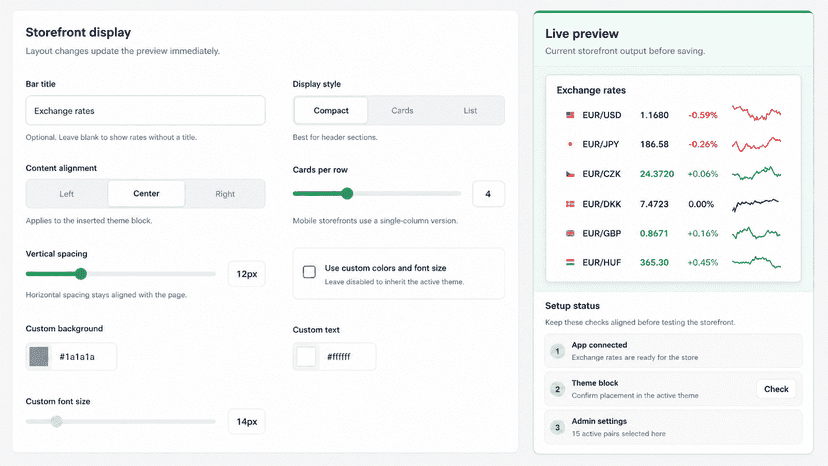 Display settings with live exchange-rate preview