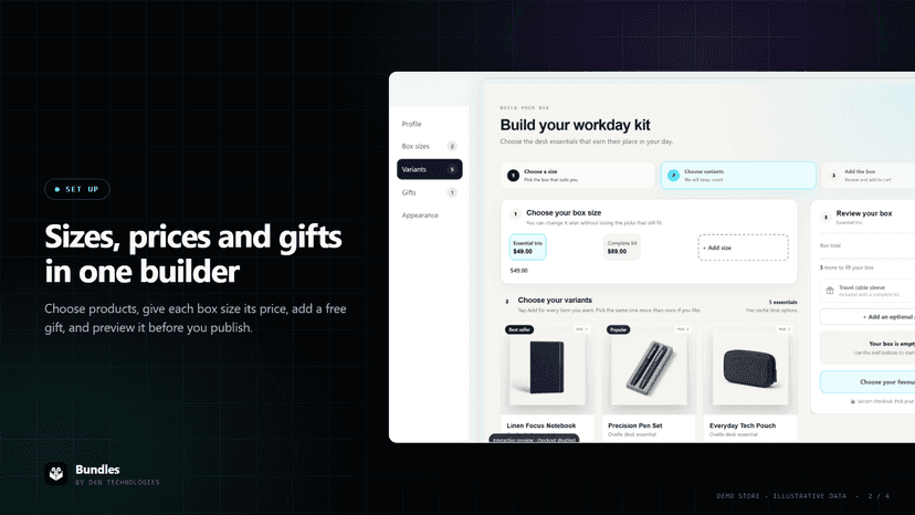 Visual builder editing box sizes, variants and a free gift