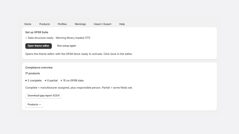 Setup status and a compliance overview of the catalogue