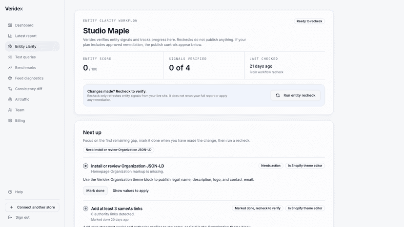 Entity clarity workflow listing schema fixes to verify