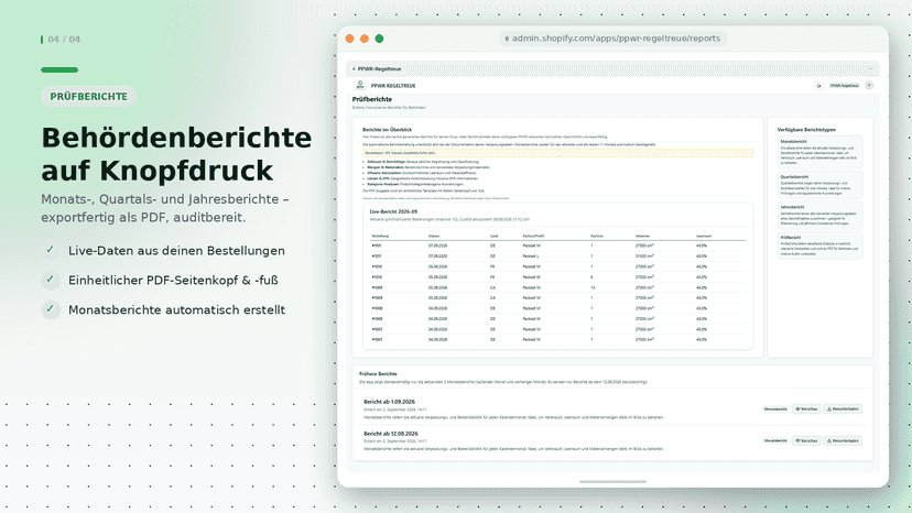 Dashboard Ansicht der PPWR App