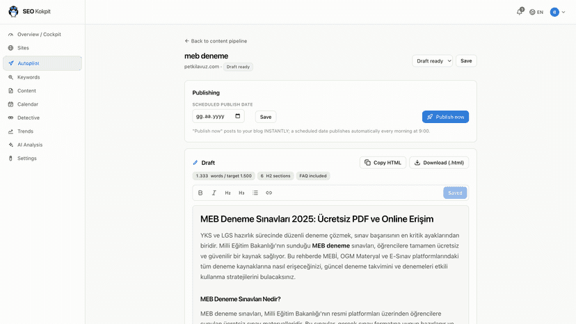 AI draft editor with SEO checks and one-click publishing