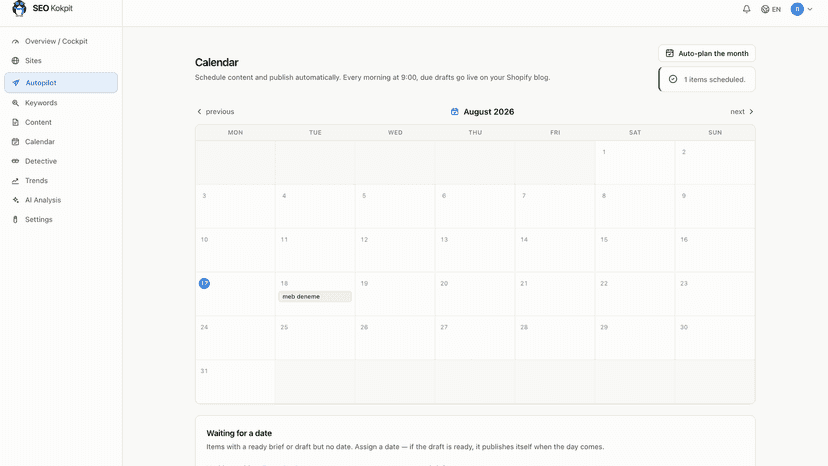 Content calendar with scheduled blog posts