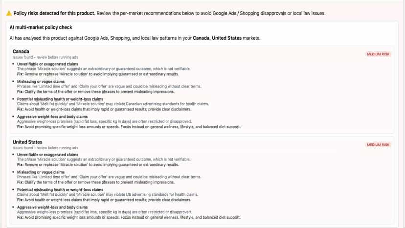 Scan results listing products with Google Ads/law wording issues