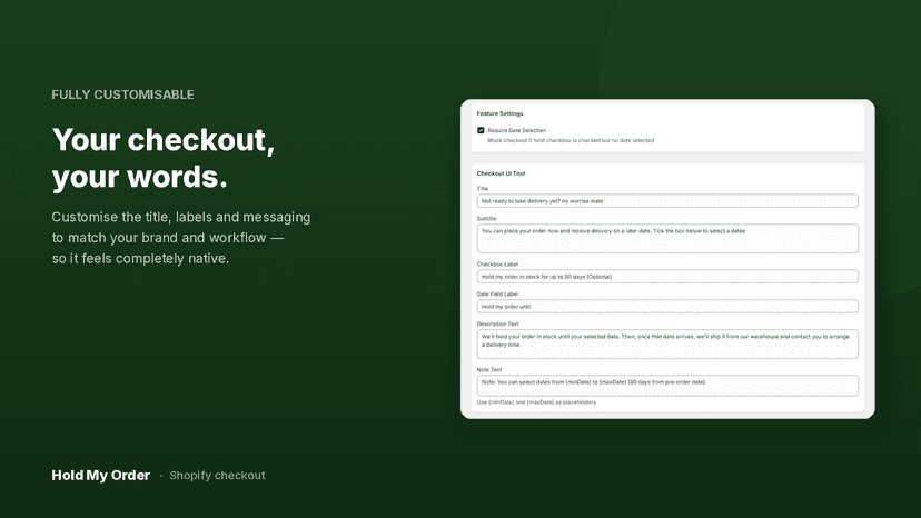 Customisable checkout text and labels for Hold My Order