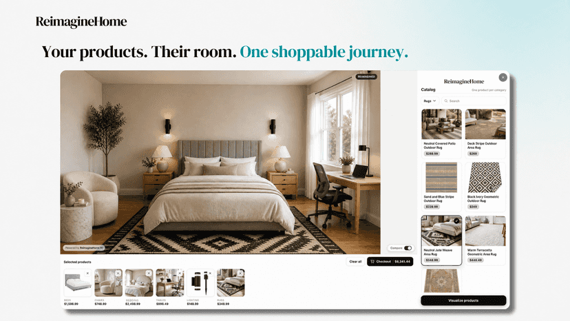 Room visualizer showing Shopify catalog products in a real room