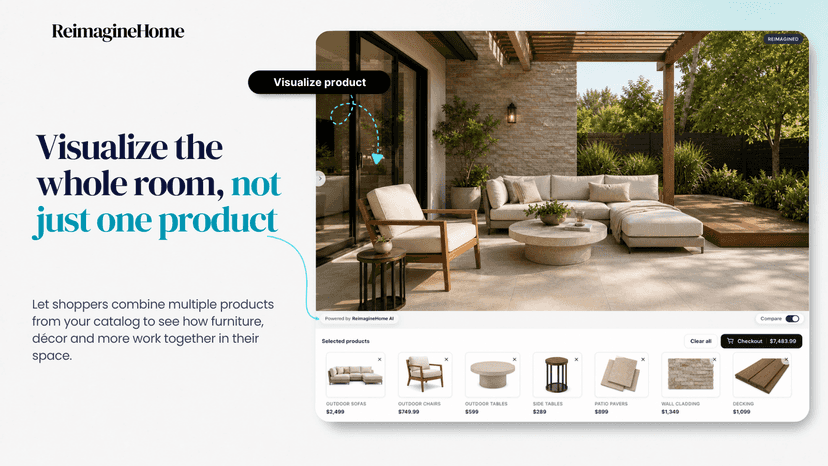 Multiple furniture products visualized in one living room photo