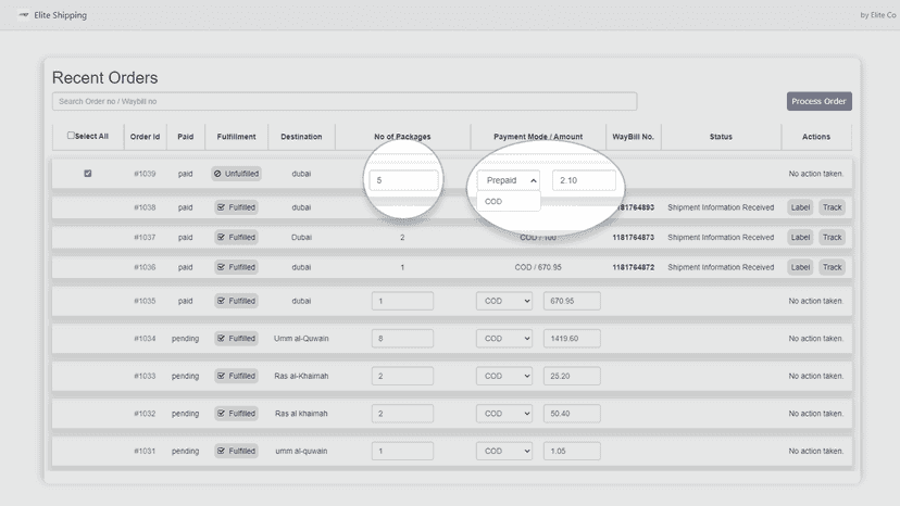 Provide package and amount information and create order.