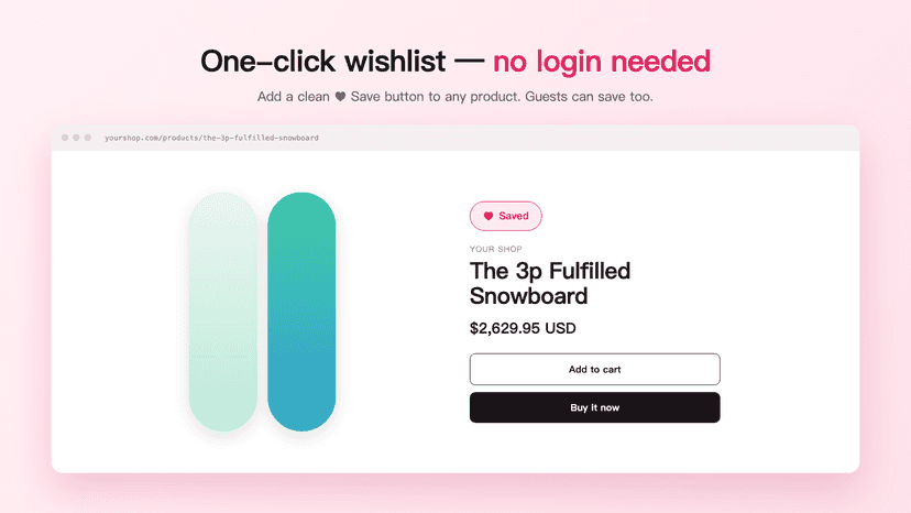 Product page with a one-click Save to wishlist heart button for