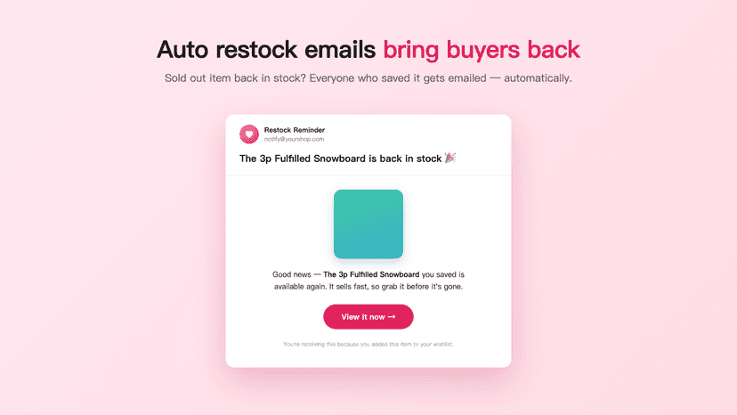 Automatic back-in-stock email notifying a shopper that a saved p