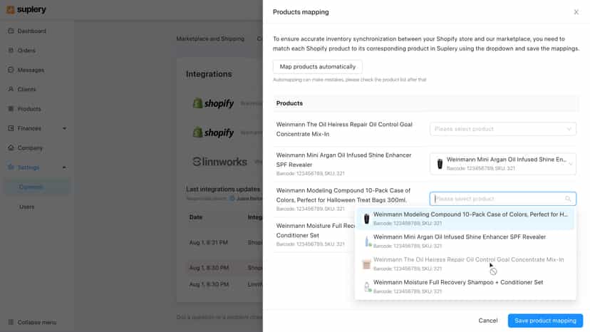 Mapping products between Suplery and Shopify