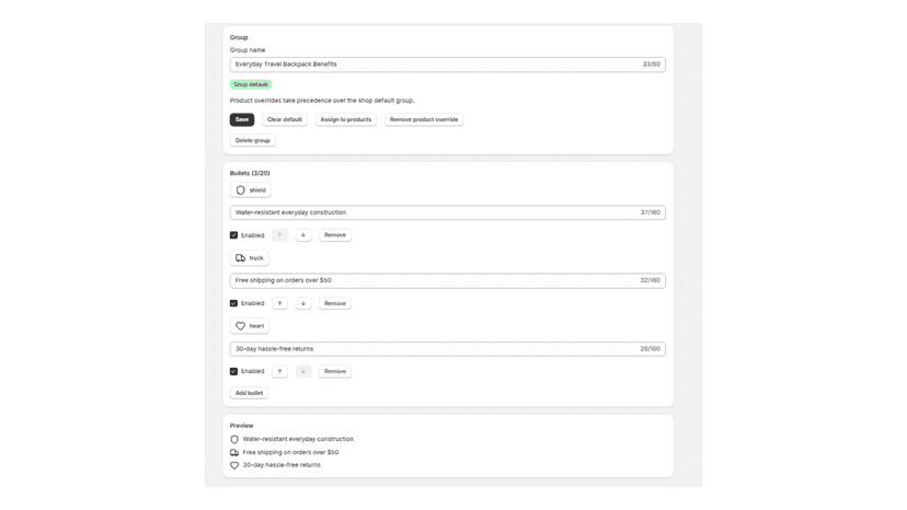 Create and customize reusable product benefit groups