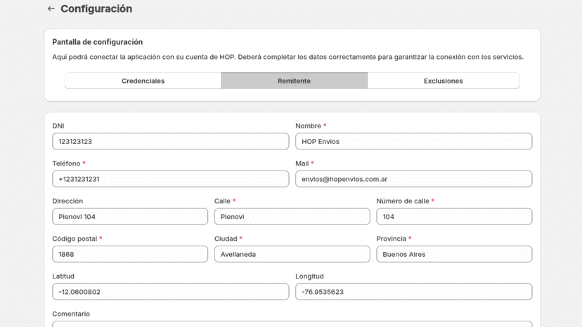 Pantalla de configuración remitente