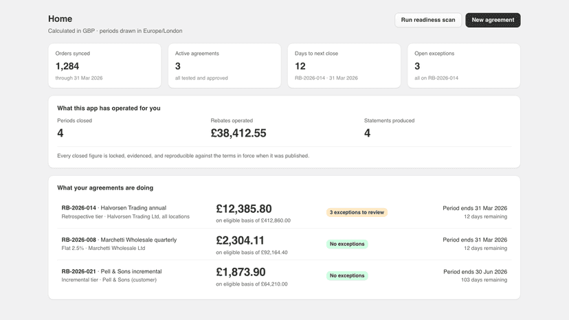 App home showing rebate totals and agreement status