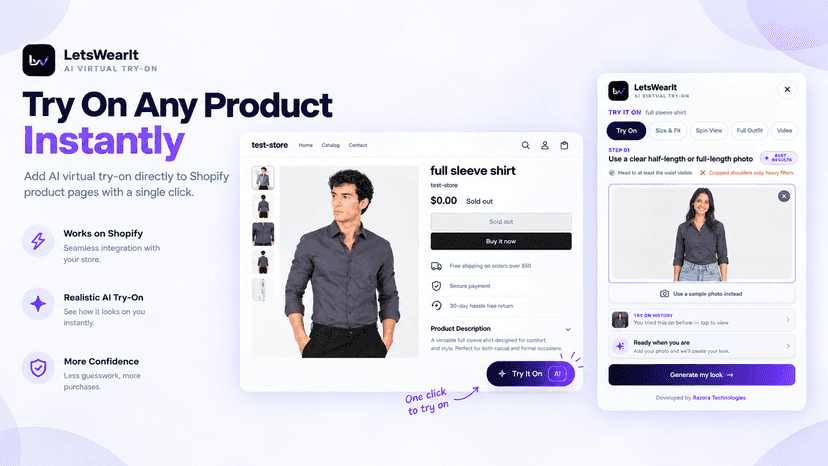 AI virtual try-on preview on a Shopify product page