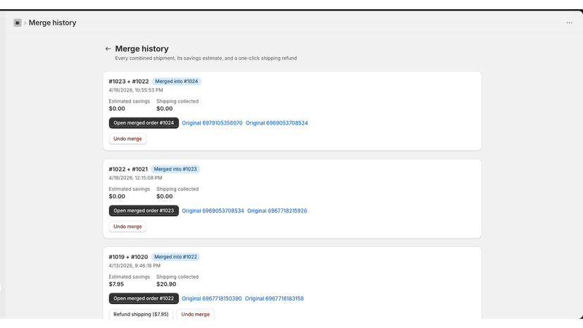 Merge history showing combined orders with refunds