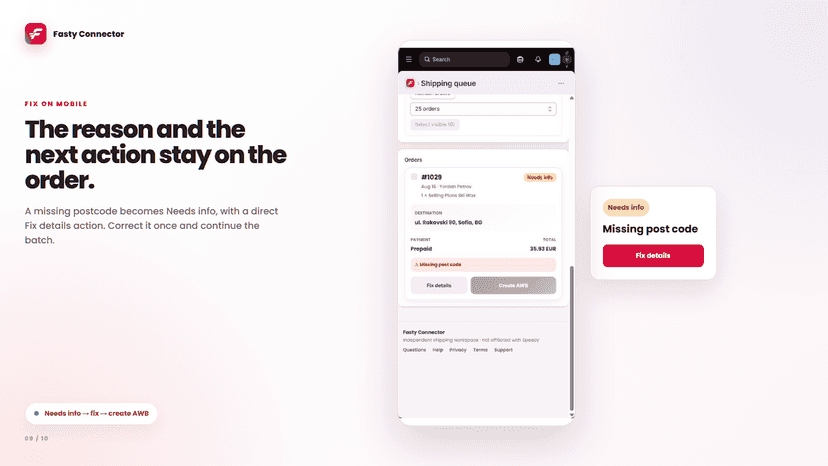 Mobile order card with missing postcode and a direct fix