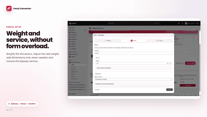 Three-step AWB editor for parcel weight and Speedy service