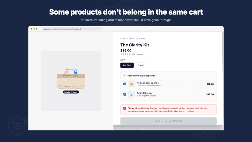 An add to cart blocked because of incompatible products