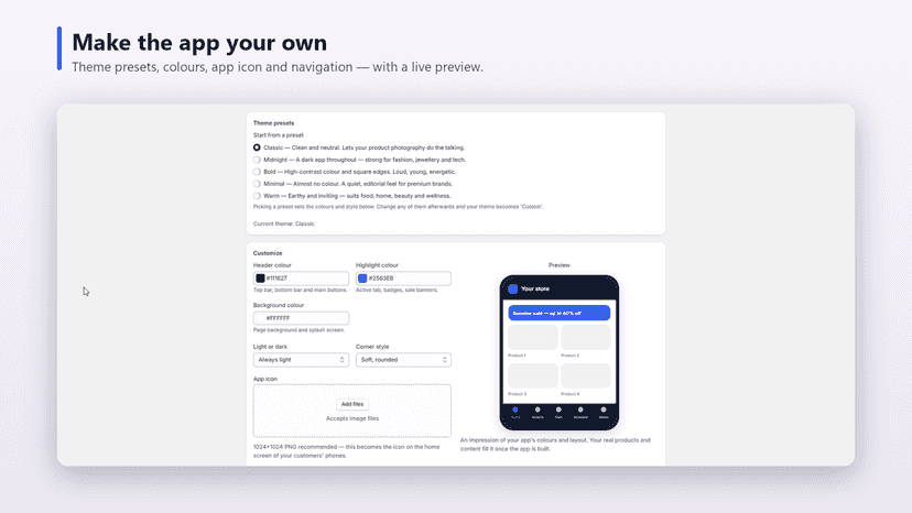Clonexify Appearance tab: theme presets, colors, app icon