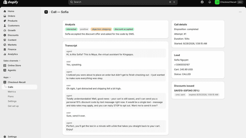 Call detail with full transcript and AI outcome analysis