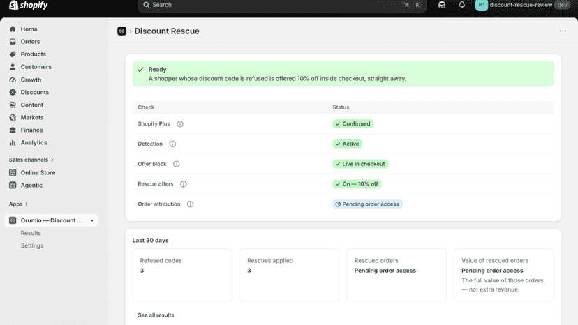 Setup status: plan, detection, offer block and rescue offers