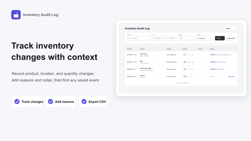 Inventory changes with reasons and CSV