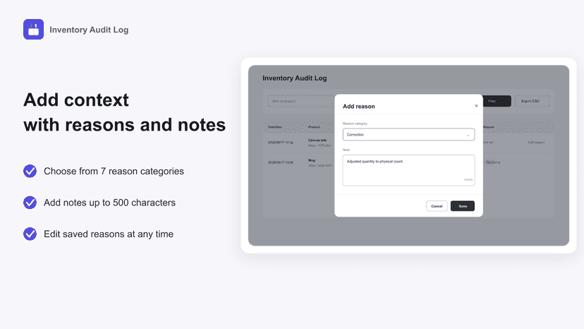 Adding a reason and note to an inventory change