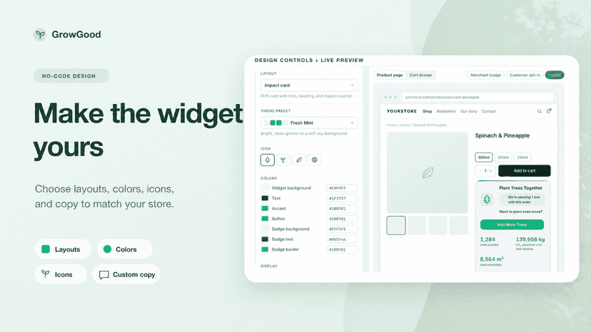 Widget design controls with live storefront preview