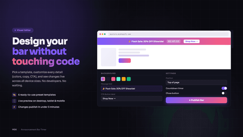 Design and launch bars visually with live device previews