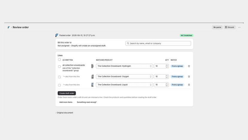 AI order parser converting raw verbose text into an order