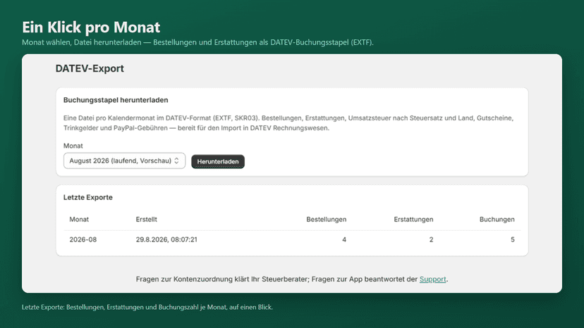Dashboard: Monat wählen, Buchungsstapel herunterladen