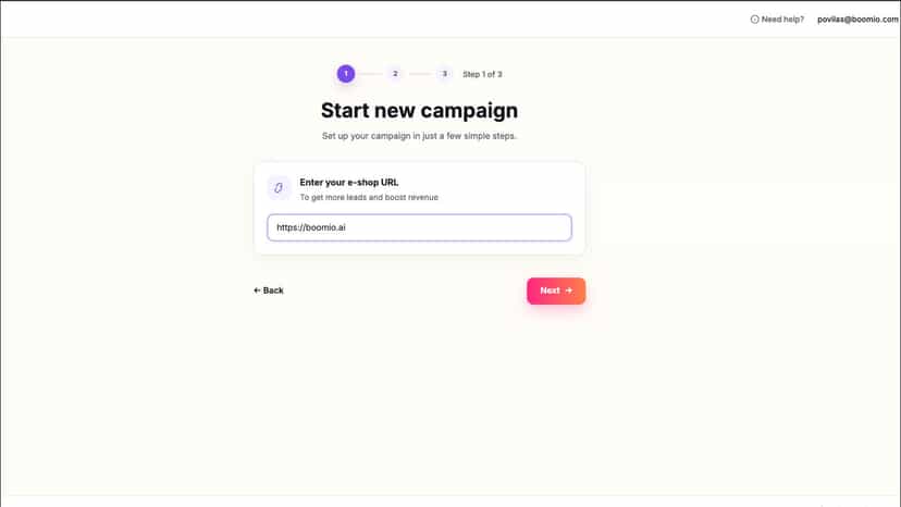 Boomio campaign setup: enter your store URL to create a game