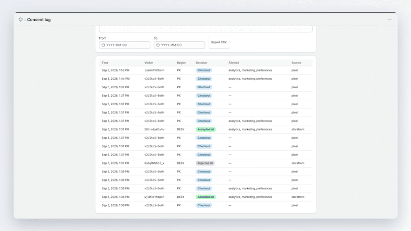 Consent log with hashed visitor ids and CSV export