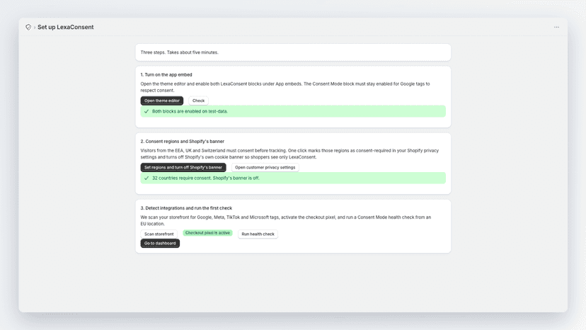 Setup page with three completed steps