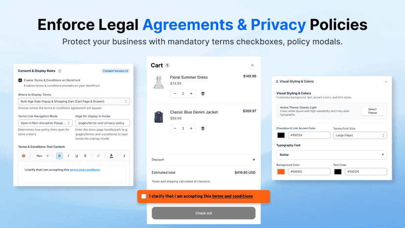 Customizable terms and privacy consent for Shopify carts