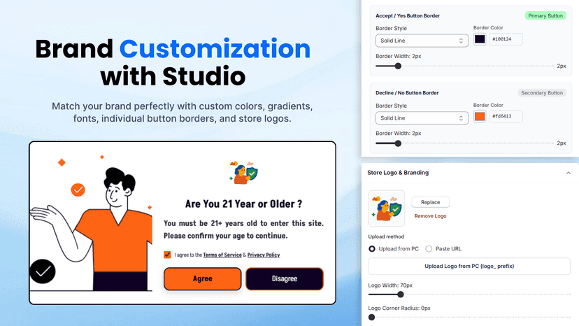 Customizable branded age verification popup and buttons