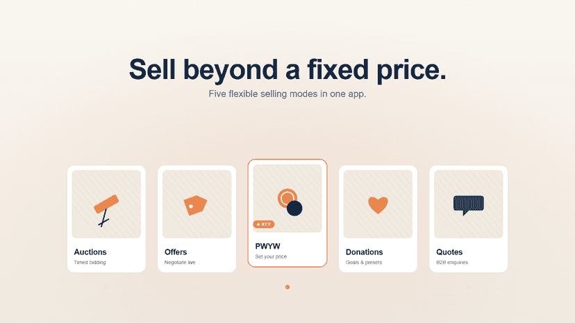 Sell beyond fixed price. PWYW, Auction, Donation, Quote, Offer