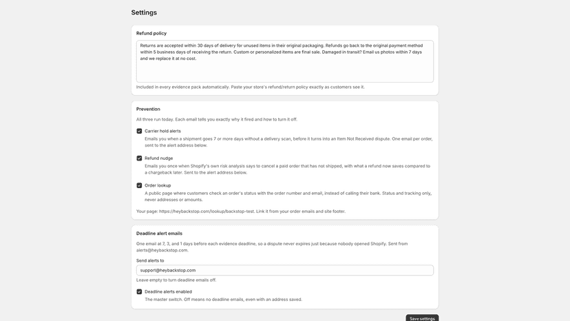 Settings: refund policy, prevention emails, alerts, cancel