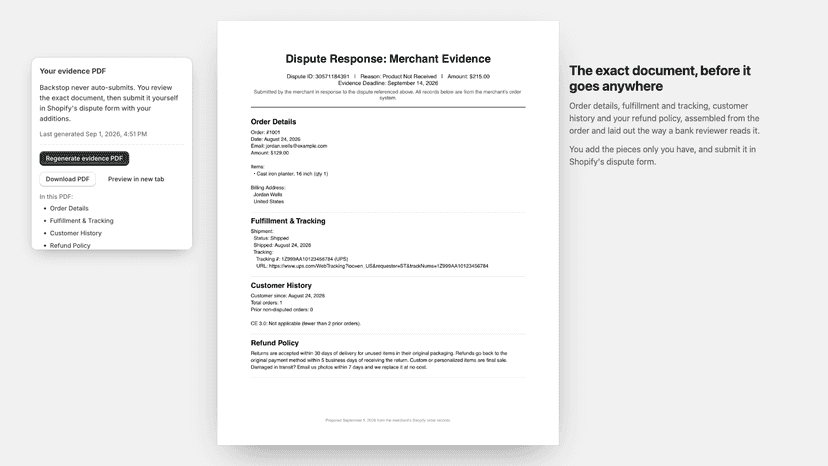 The evidence PDF, reviewed before anything is submitted