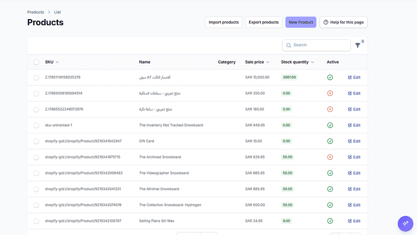 Products list synced from the connected store