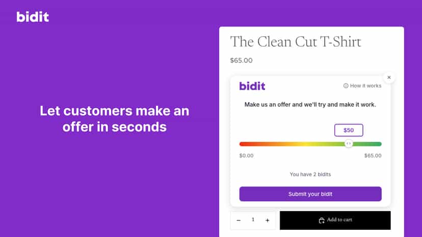 Shopify product page displaying the Bidit offer slider where cus
