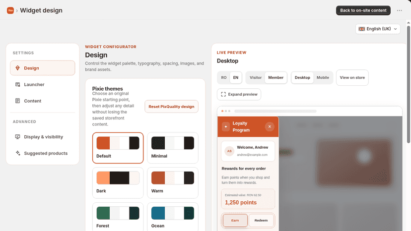 Pixie Loyalty widget themes with live storefront preview